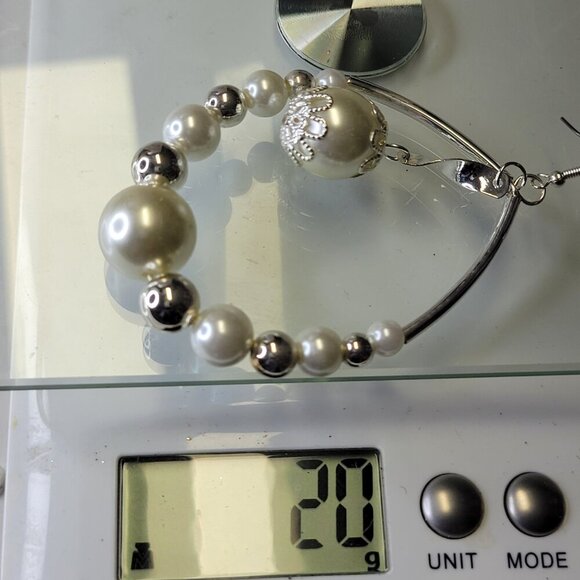 White Pearl with Silver Bead Large Teardrop Earrings Pearl Statement Earrings - Picture 7 of 7